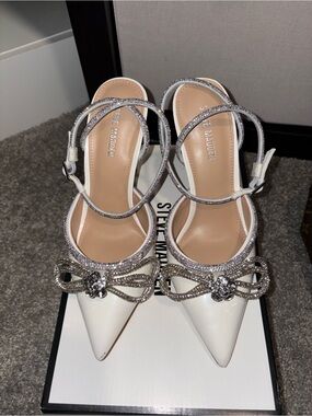 Steve Madden White Pointed Toe Crystal Bow Heels